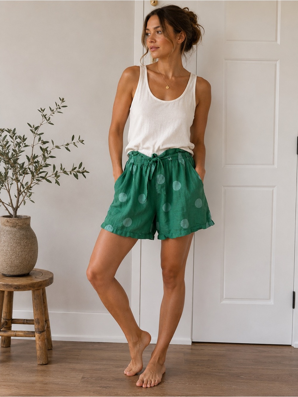 Froccella Made in Italy 100% Linen Polka Dot Shorts Kelly Green S/M